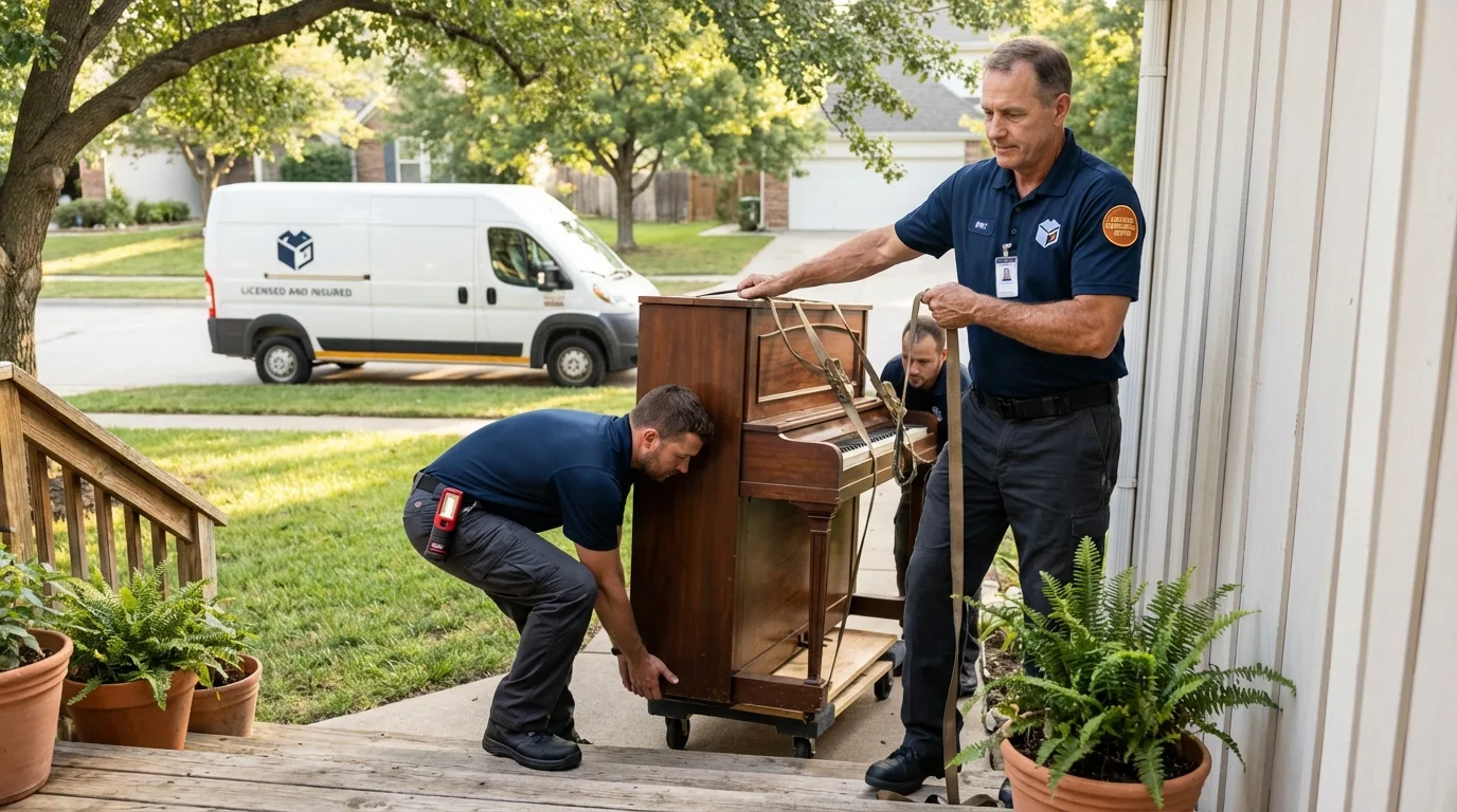Licensed piano movers securing grand piano in Three Rivers, MI