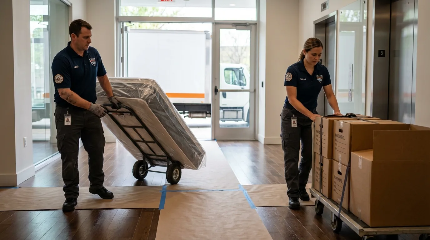 Professional apartment movers loading elevator in Three Rivers, MI
